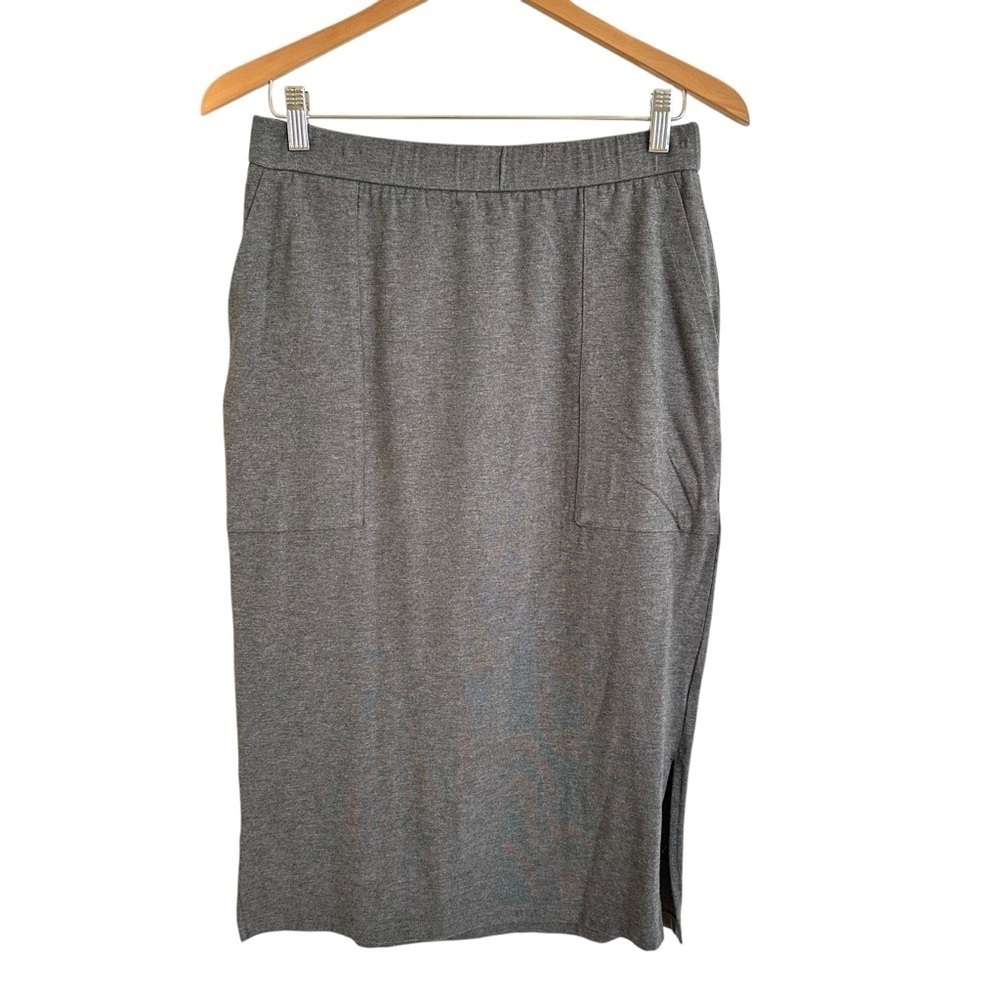 Eileen Fisher XS Gray Knit Straight Pull On‎ Skirt Stretchy Pockets Grey Midi